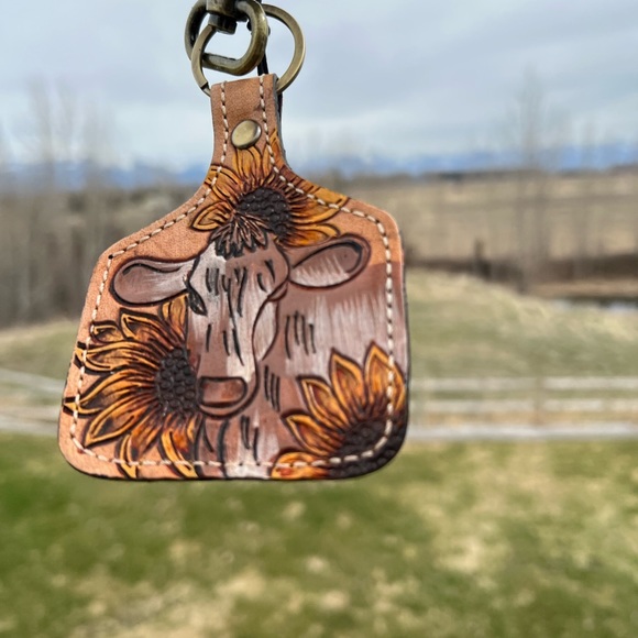 Myra Bag Accessories - Hand-Tooled Leather Bovine Cow Boho Summer key chain fob gift yellow New